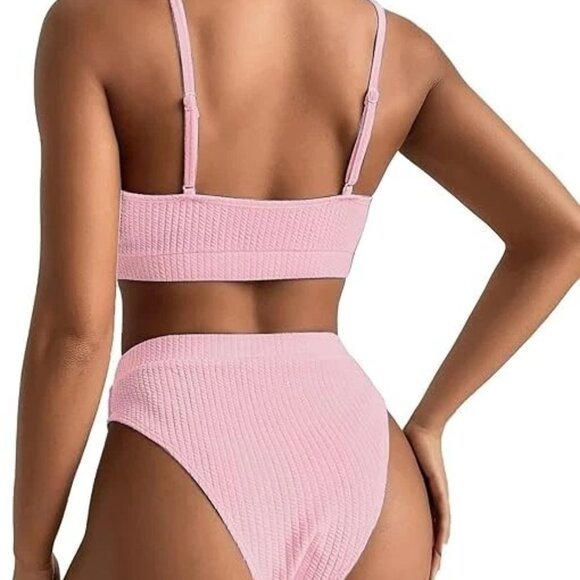New High Waisted Tummy Control Bikini Ribbed Sporty Brazilian Swimsuit Set - Picture 2 of 8